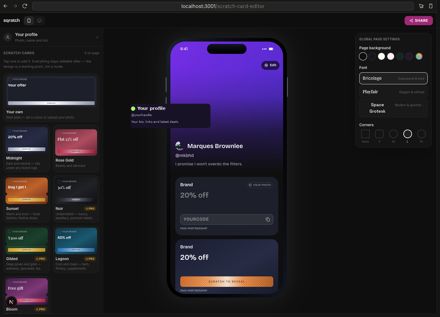 Sqratch editor showing a creator page preview, card templates and global page settings